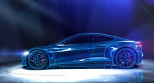 Wireframe Of Sports Car In Dark Environment (3D Illustration)