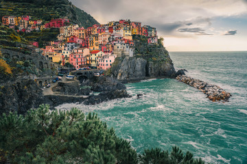 Beautiful view on village of Manarola, on the Cinque Terre coast of Italy, Liguria