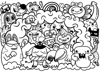 Wall Mural - Vector illustration of Doodle cute Monster background ,Hand drawing Doodle