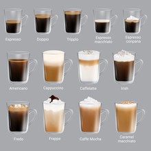 Coffee Types Set, Vector Realistic Isolated Illustration