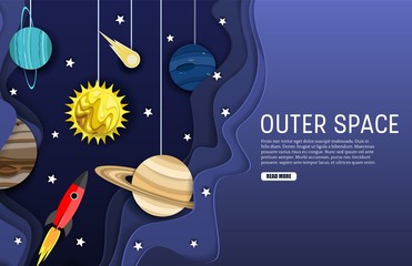 Wall Mural - outer space web banner template, vector layered paper cut style