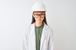 © Krakenimages.com - Young chinese engineer woman wearing coat helmet glasses over isolated white background skeptic and nervous, frowning upset because of problem. Negative person.