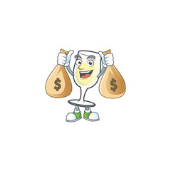 Poster - Happy champagne glass cartoon character with two money bags