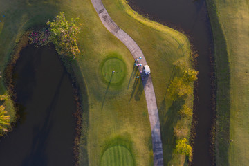 Aerial view of the green golf course in Thailand.