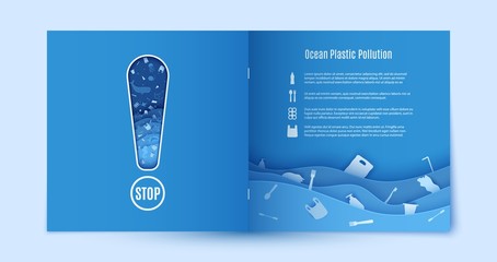 Wall Mural - Papercut stop ocean plastic pollution blue flyer template. Sample environmental booklet with the cutout in the form of an exclamation mark. Sea waves waste in paper cut style. Vector ecological poster