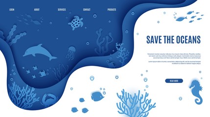 web page design template in paper cut style underwater ocean underwater view through cave porthole. 