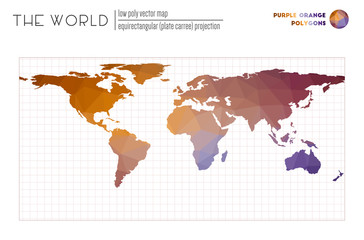  Polygonal map of the world. Equirectangular (plate carree) projection of the world. Purple Orange colored polygons. Creative vector illustration.
