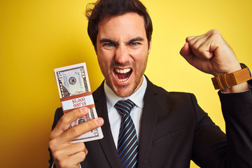 Wall Mural - Young handsome businessman wearing suit holding dollars over isolated yellow background annoyed and frustrated shouting with anger, crazy and yelling with raised hand, anger concept