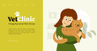 © OlgaStrelnikova - Design for vet clinic, medical center or pet shop. Cute girl hugging cat in hands. Vector illustration veterinary hospital or health care service for domestic animals. Template layout, banner, flyer.