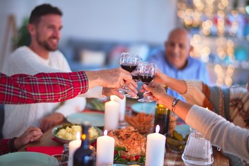 Wall Mural - Beautiful family smiling happy and confident. Eating roasted turkey and toasting with cup of wine celebrating Thanksgiving Day at home