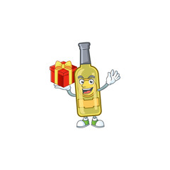 Poster - Champagne yellow bottle cartoon character with a box of gift