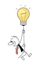 Canvas Print - Doodle stick figure: Doodle stick figure: little man flying with air balloon light bulb.