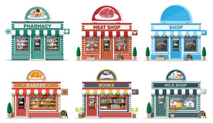 set of detailed city shop buildings. bakery, book, milk, meat, pharmacy, grocery store. small europe