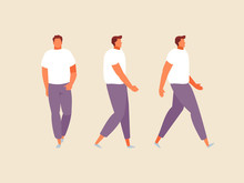 Walking Man Front And Side View Illustration. Vector Flat Set
