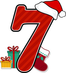 number 7 with red santa's hat and christmas design elements isolated on white background. can be used for holiday season card, nursery decoration or christmas paty invitation