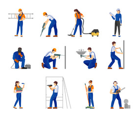 Group repairman man and woman cartoon vector illustration