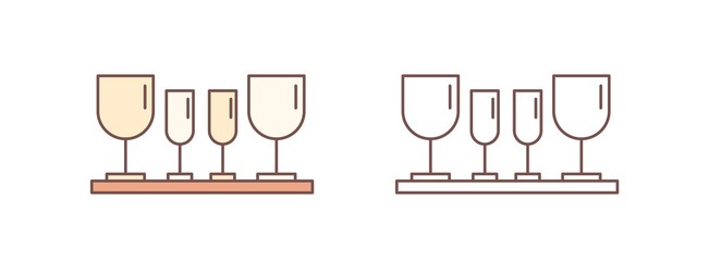 Drinking glasses linear vector icon. Fragile wineglasses, glassware set outline illustration. Stemware on wooden plate isolate on white background. Restaurant tableware for alcoholic beverages.