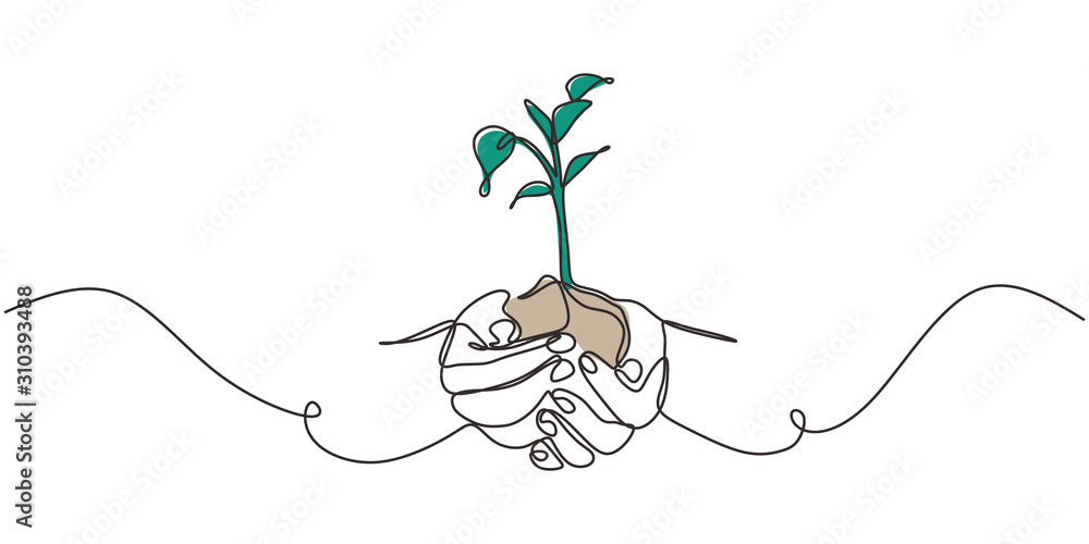 Continuous one line drawing of plant in hand. Hands holding nature sign and symbol vector illustration. Minimalism design and simplicity sketch hand drawn. - obrazy, fototapety, plakaty 