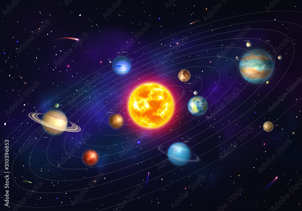 Colorful solar system with nine planets which orbit sun. Galaxy discovery and exploration. Realistic planetary system with satellites in deep space vector illustration. Astronomy science banner. - obrazy, fototapety, plakaty 