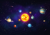 Fototapeta Pokój dzieciecy - Colorful solar system with nine planets which orbit sun. Galaxy discovery and exploration. Realistic planetary system with satellites in deep space vector illustration. Astronomy science banner.