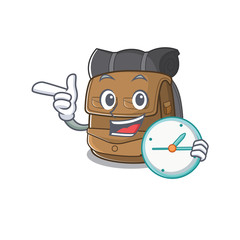 Sticker - smiling hiking backpack Scroll cartoon character style with clock