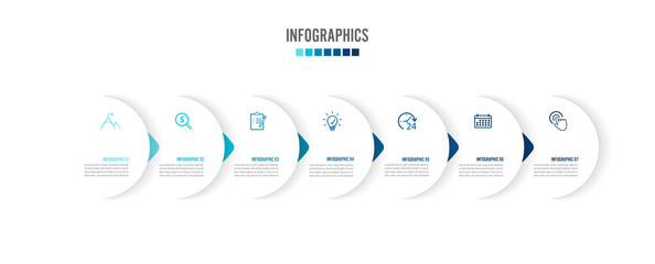 Seven paper white overlapping arrows placed in horizontal row. Concept of 8 successive. For content, diagram, flowchart, steps, parts, timeline infographics, workflow layout, chart.