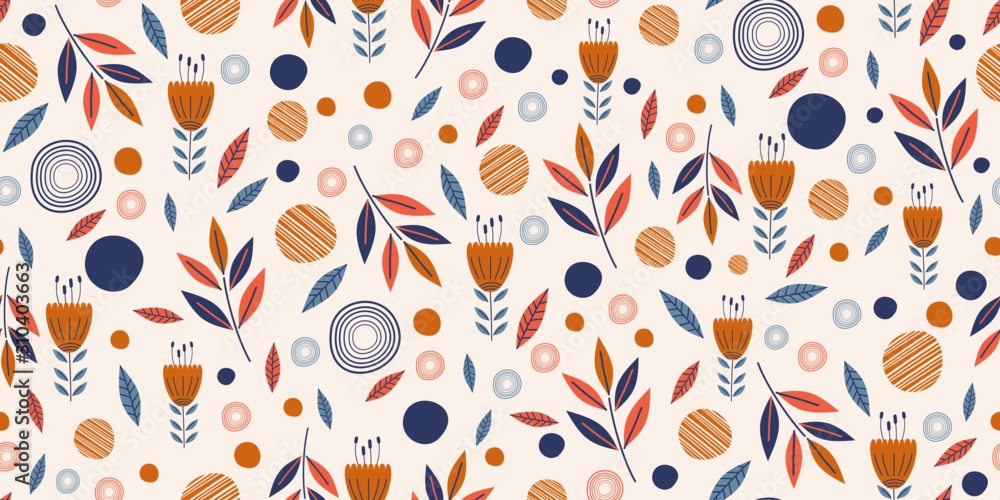 Flowers seamless pattern with leaves floral elements. Hand drawn scandinavian style. Plants garden decoration with circle abstract. Vector illustration for fashion textile print with texture. - obrazy, fototapety, plakaty 
