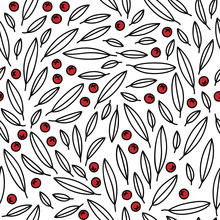 Scarlet Firethorn Leaves Berries Thanksgiving Christmas New Year Winter Holidays Seasonal Decorative Floral Seamless Pattern Red Black And White Vector Illustration Isolated On White Background