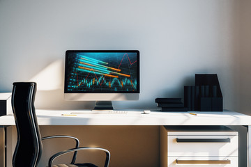 Wall Mural - Cabinet desktop interior with financial charts and graphs on computer screen. Concept of stock market analysis and trading. 3d rendering.