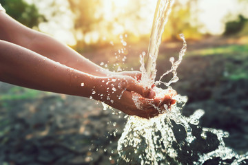 water pouring on hand in morning ligth background