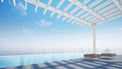  blue sky and sea, beach lounge with swimming pool, 3d rendering