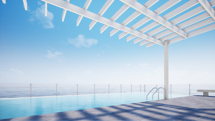  blue sky and sea, lounge with swimming pool, 3d rendering