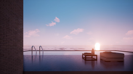 view of the sea and vanilla sky, swimming pool, 3d rendering background