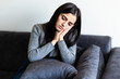 © dianagrytsku - Sick woman, Flu woman. Caught Cold. Young beautiful woman with a throat pain feel sick in the couch