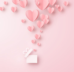 Hearts with gift box postcard. Paper flying elements on pink background. Vector symbols of love for Happy Women's, Mother's, Valentine's Day, birthday greeting card design.