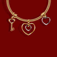 Valentine S Day. Gold Bracelet With Three Charms Charm In The Shape Of A Key, A Heart Of White And Yellow Gold. 3D With Shadow. Illustration