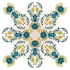 Floral symmetric pattern with blue and gold colours on white background