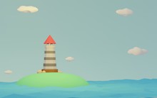 Cute Low Poly Cartoon Alone Lighthouse On Island Isometric Design. Beautiful Summer Landscape On Blue Sky And Cloud Background, Minimal Idea Creative Concept  "3d Illustration"