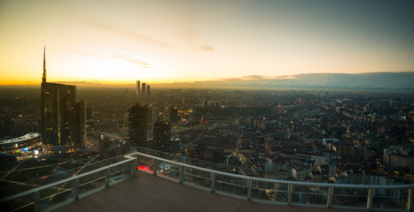 Canvas Print - Milan cityscape at sunset, panoramic view with new skyscrapers in Porta Nuova district. Italian landscape.