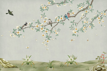 3d marble mural background light simple green wallpaper . birds in branches flowers floral backgroun