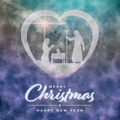 Poster - Christmas time. Manger with baby Jesus, Mary, Joseph and star of Bethlehem. Text: Merry Christmas and Happy new Year.