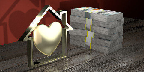 Wall Mural - House shape, heart, money - real estate concept - 3D rendering