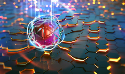 Leinwandbilder - Futuristic processor, CPU, neural network, artificial intelligence. Network structure and cloud storage technologies. 3D illustration of abstract concept of digital tomorrow