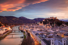 Salzburg, Austria. Cityscape Image Of The Salzburg, Austria With Salzburg Cathedral During Beautiful Winter Sunset.