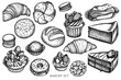 Vector set of hand drawn black and white macaron, buns and bread, croissants and bread, cheesecake, eclair, cupcake, cake, donut, cookie, truffle, cake, tartlet