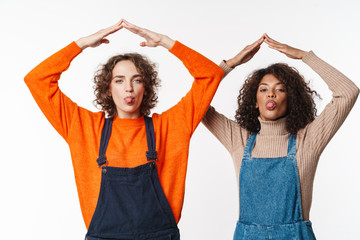 Sticker - Portrait of funny multinational women making roof above their heads