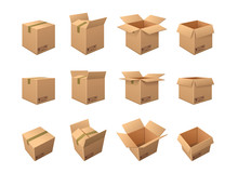 Large Set Of Twelve Different Brown Cardboard Packing Boxes Showing It Taped Shut, Partially Opened And With All The Flaps Wide Open Isolated On White, Vector Illustration