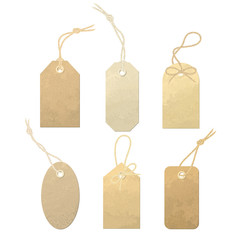 set of vector carton labels with various linen string tying. tags tied with knots and bows of realis