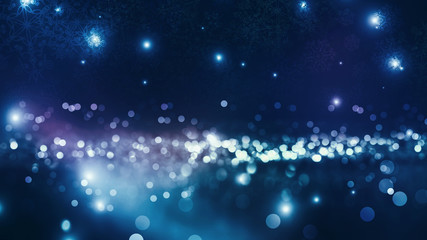 Wall Mural - brilliant festive winter background with neon glow. falling snowflakes, blurry lights. magic particl