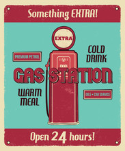 Gas Station Service Vintage Poster With Retro Gas Pump And Texts. Car Service, Auto Parts And Mechanic On Duty, Transport Maintenance And Repairing Brochure. Garage Station For Automobiles.
